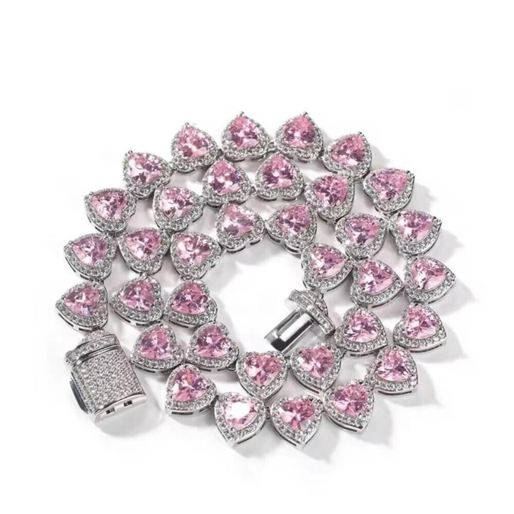 Heart Tennis Necklace, Iced Pink Heart Necklace, Luxury Crystal Heart Chain,